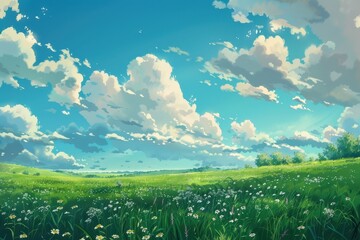 Fototapeta premium Grass Field landscape with blue sky and white cloud. Blue sky clouds sunny day wallpaper. Cartoon illustration of a Grass Field with blue sky in Summer. green field in a day.