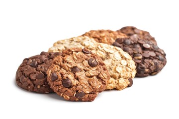 A row of cookies with different flavors and toppings. The cookies are arranged in a neat stack on a white background