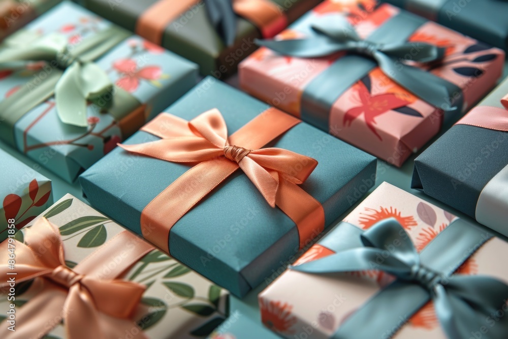 Aufkleber a row of colorful presents with bows on them. the bows are in different colors and patterns, and the