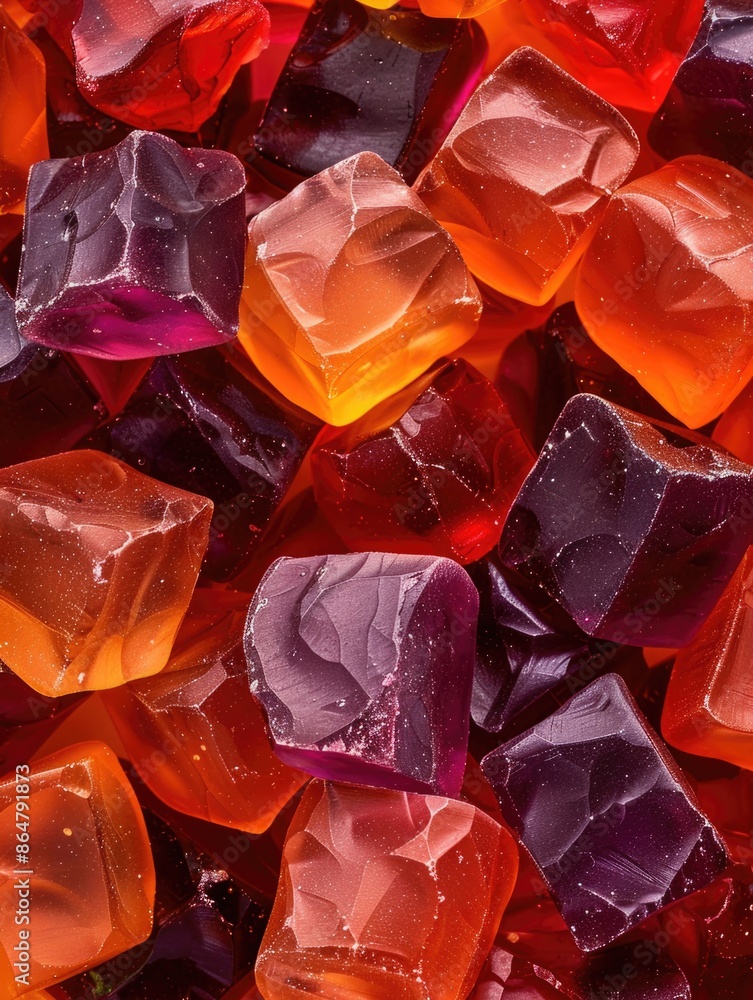 Poster a close up of a bunch of colorful candy cubes. the cubes are of different colors and sizes, and they