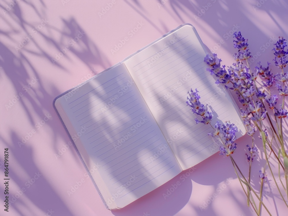 Poster a book is open on a table with purple flowers in the background. the journal is open to a blank page
