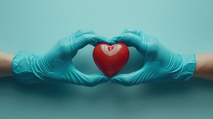 National Minority Donor Awareness Day. photo of two hand, wearing blue gloves and holding out an animated heart symbol on a light blue background, with space for text or logo