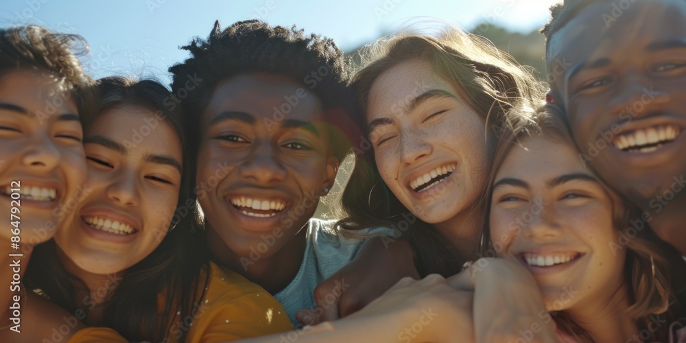 Poster a group of people are smiling and hugging each other. scene is happy and friendly