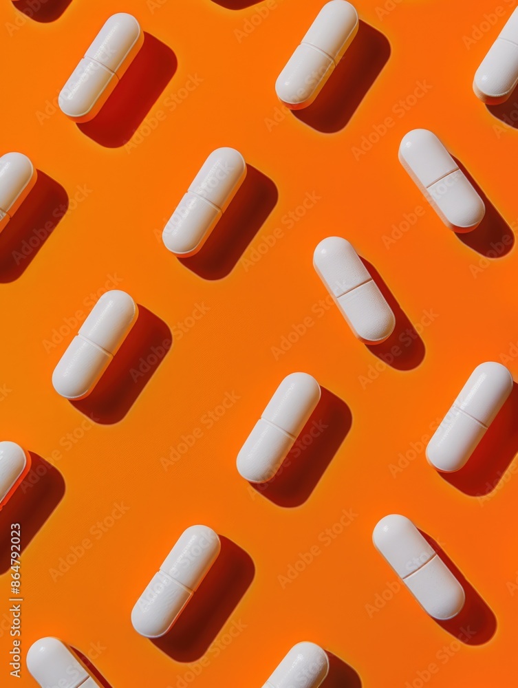 Poster a row of white pills are arranged on an orange background. the pills are all the same size and shape