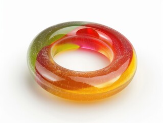 A colorful jelly donut with a yellow center. The jelly is in a round shape and has a shiny, reflective surface
