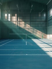 A tennis court with a net and a person sitting on the sidelines. The court is empty and the sun is shining through the windows