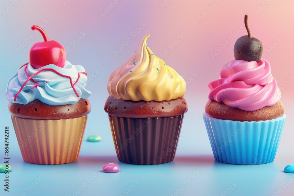 Aufkleber three cupcakes with different frosting and one cherry on top. the cupcakes are arranged in a row on 