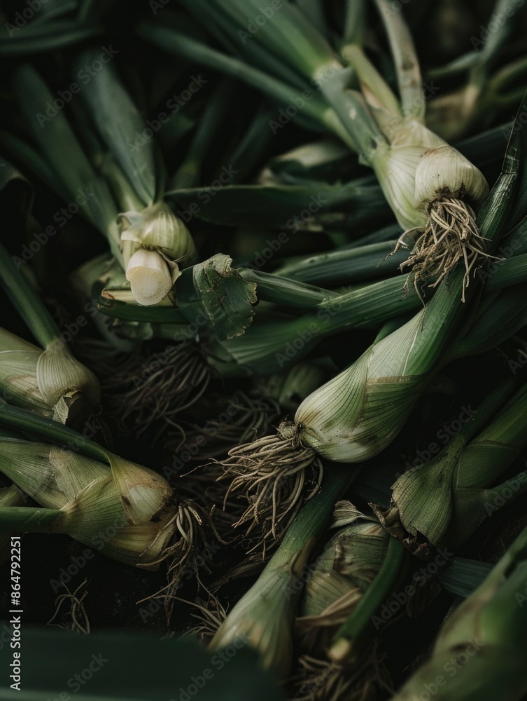 Poster a bunch of green onions are piled on top of each other. the onions are all different sizes and some 