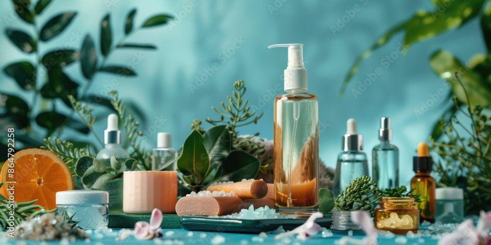 Poster a table with many bottles and containers of various sizes and shapes, including a bottle of lotion a