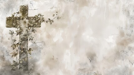 Biblical Illustration of Cross Etched in Stone with Ivy on Beige Background, Christian Permanence and Nature, Copyspace