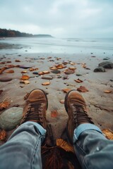 Fototapeta premium A person is sitting on the beach with their feet in the sand. The beach is rocky and the water is calm. The person is wearing brown boots and jeans