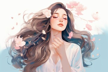 Beautiful girl with flowers in her hair, fashionable illustration, isolated background, watercolor painting. 