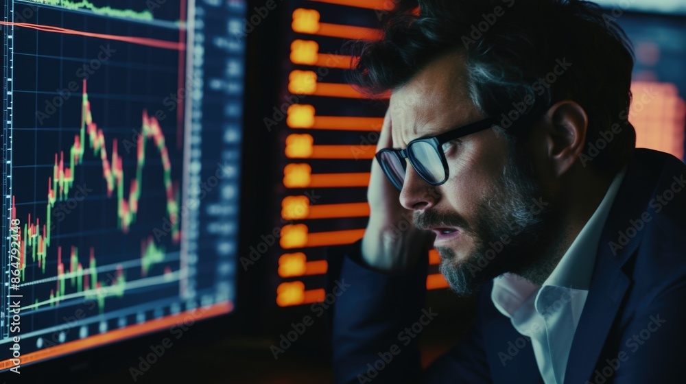 Poster a man in a suit is looking at a computer screen with a frown on his face. he is wearing glasses and 