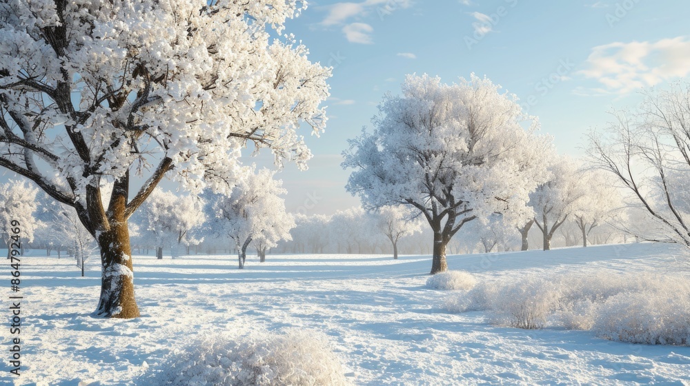 Poster a snowy field with trees in the background. the trees are bare and covered in snow. the sky is blue 