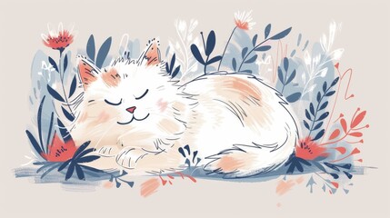 A cute, fluffy cat sleeps among colorful flowers in a charming hand-drawn illustration, evoking warmth and tranquility.