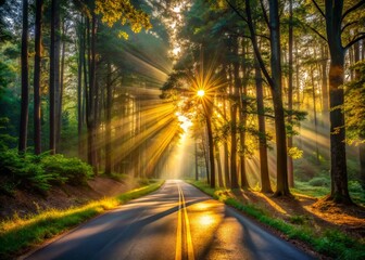 Golden sun rays illuminate a tranquil forest road at dawn, casting dappled shadows on the asphalt, surrounded by tall trees, evoking a sense of adventure and serenity.