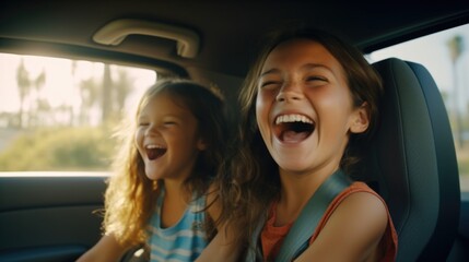 Two young girls are laughing and smiling in a car. Scene is happy and joyful