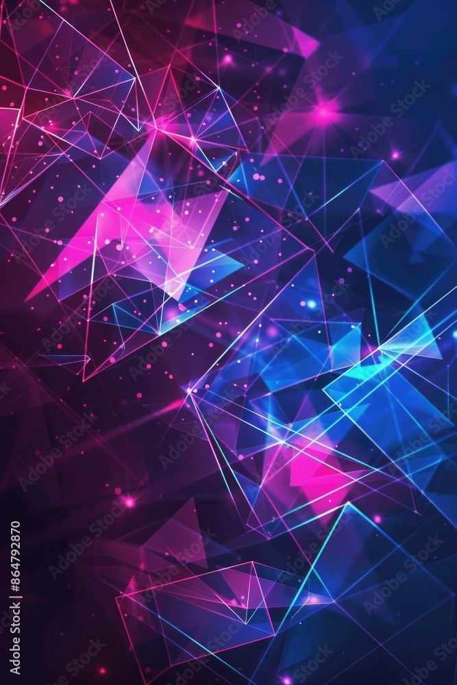 Poster a colorful abstract image with purple and blue shapes and a starburst pattern. the image has a futur