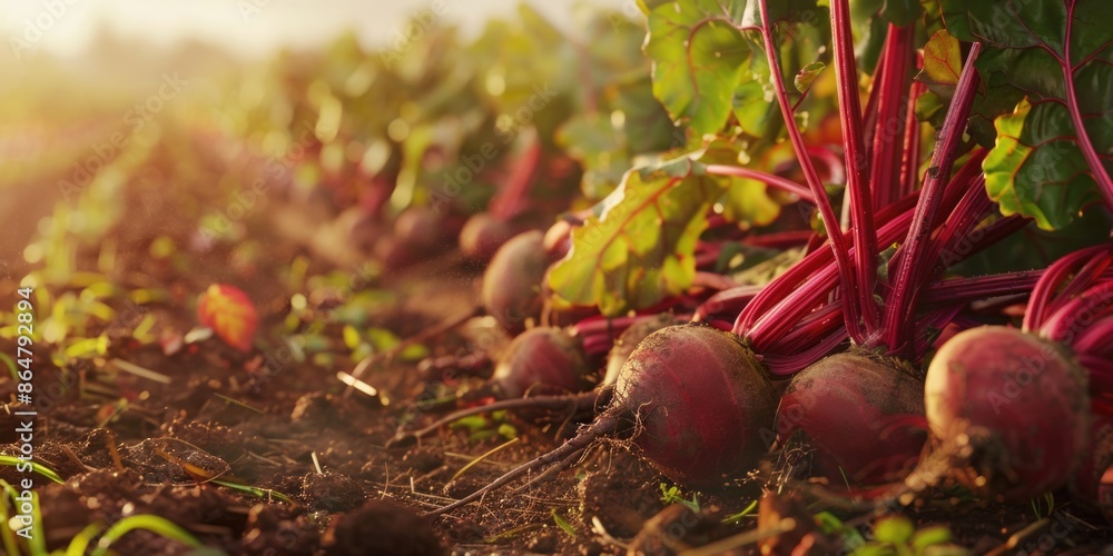 Poster a field of red beets with the sun shining on them. the beets are in various stages of growth, with s