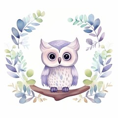 Fototapeta premium Adorable watercolor owl illustration perched on a branch surrounded by pastel leaves, perfect for whimsical decor or children's artwork.
