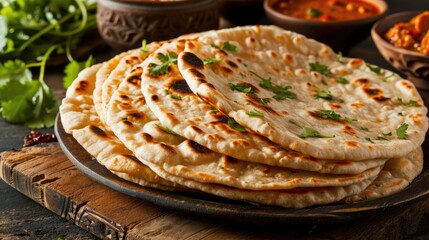 A plate of tortillas with parsley on top. The plate is on a wooden table. The table is covered with other food items