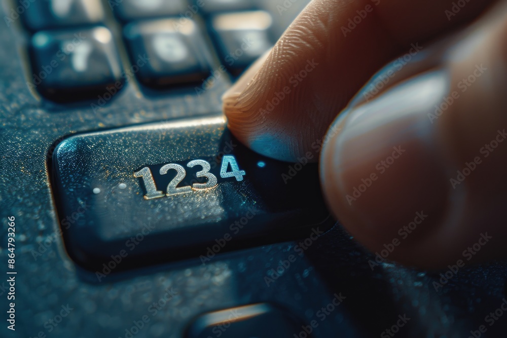 Poster a hand is pressing a key on a calculator that says 1234. concept of focus and concentration as the p