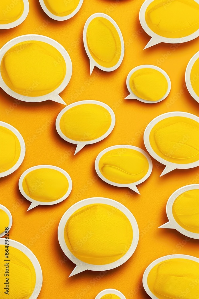 Poster a yellow background with many yellow speech bubbles. the speech bubbles are all different sizes and 