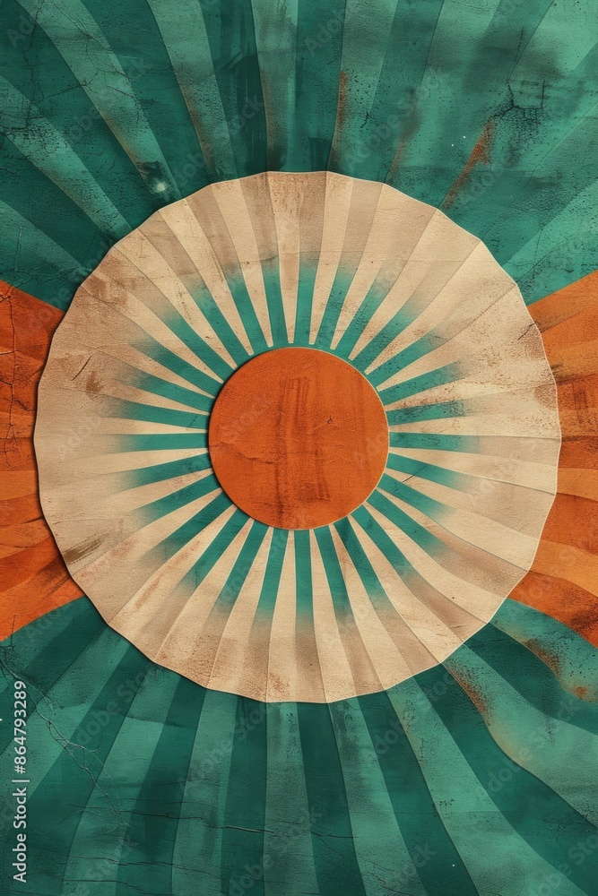 Poster a colorful, abstract design with a large oval in the center. the oval is surrounded by stripes of di