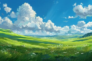Obraz premium Grass Field landscape with blue sky and white cloud. Blue sky clouds sunny day wallpaper. Cartoon illustration of a Grass Field with blue sky in Summer. green field in a day.