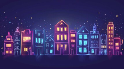 Charming neon cityscape illustration with colorful buildings and a starry night sky, perfect for urban-themed designs and graphics.