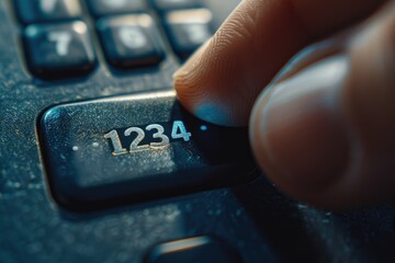 A hand is pressing a key on a calculator that says 1234. Concept of focus and concentration as the person is working on a task that requires precision and accuracy