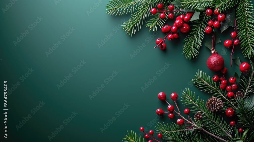 Poster a green background with red berries and a red ornament. the image conveys a festive and joyful mood,