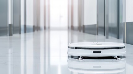 Cutting-edge robot cleaner with advanced tech, cleaning a walkway, futuristic design, detailed and efficient, high-tech setting