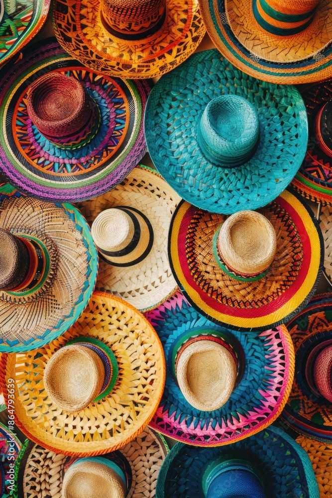 Poster a wall of hats with different colors and patterns. the hats are arranged in a way that they look lik