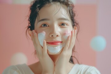 A woman is applying a white cream to her face. She is smiling and looking at the camera