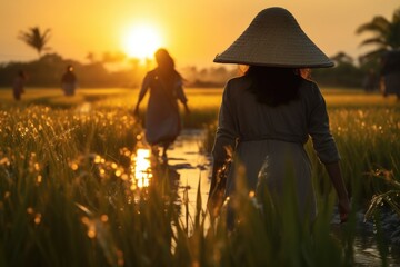 Fototapeta premium A woman wearing a straw hat walks through a field of tall grass. The sun is setting in the background, casting a warm glow over the scene. The woman is alone