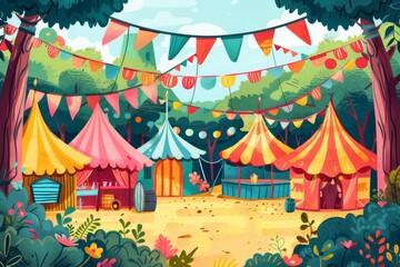 Colorful festival tents and decorations set up in a vibrant forest setting, perfect for summer fairs and outdoor events.