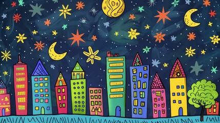 Obraz premium Colorful doodle cityscape under night sky filled with stars and moon. Vibrant buildings and abstract night scene illustration.