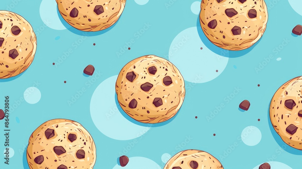 Aufkleber a blue background with a pattern of chocolate chip cookies. the cookies are drawn in a cartoon style