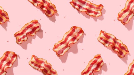 A flat lay illustration of crispy bacon strips arranged on a light pink background
