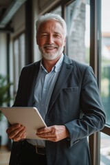 Fototapeta premium A man in a suit holding a tablet. He is smiling and he is happy. Concept of professionalism and confidence
