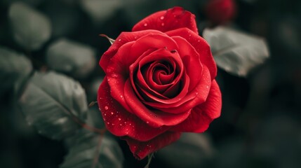Close-up of a red rose in full bloom, capturing its graceful beauty, intricate petal details, and vibrant color, set against a blurred background