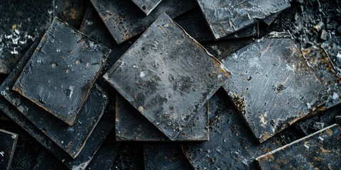 A pile of black metal squares with a rough texture. The squares are piled on top of each other, creating a sense of depth and dimension. The image conveys a feeling of ruggedness and strength