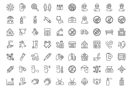 Coronavirus Icons Pack. Set of vaccination icons. Thin linear style icons Pack