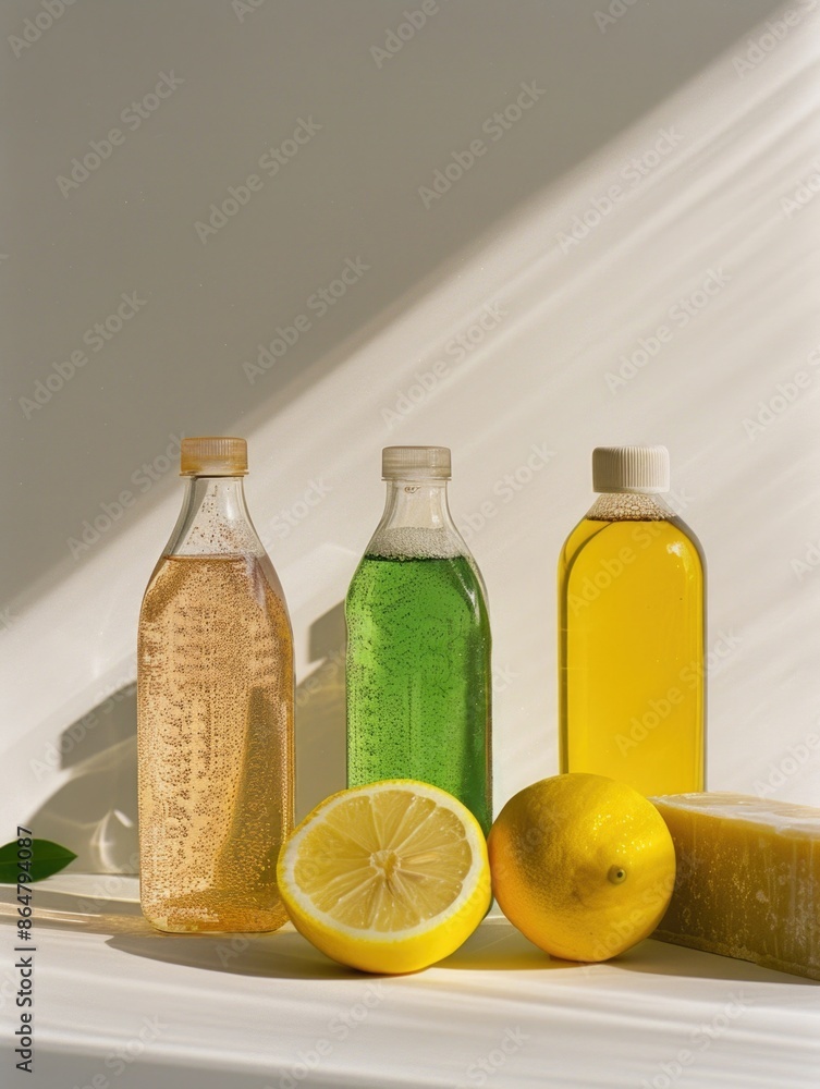 Poster three bottles of cleaning products sit on a table with a lemon and a lime. the bottles are labeled w