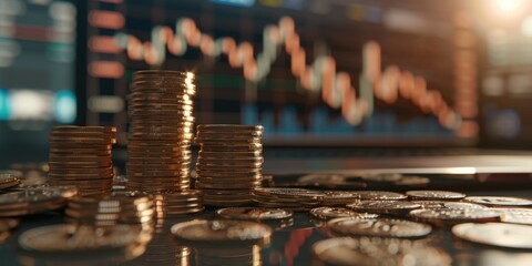 A pile of coins on a table with a graph behind them. The coins are stacked on top of each other and there are many of them. The graph behind the coins shows a downward trend