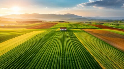 Colorful patchwork farm from above, lone house, sunset casting warm light, vibrant fields, serene and picturesque rural scene