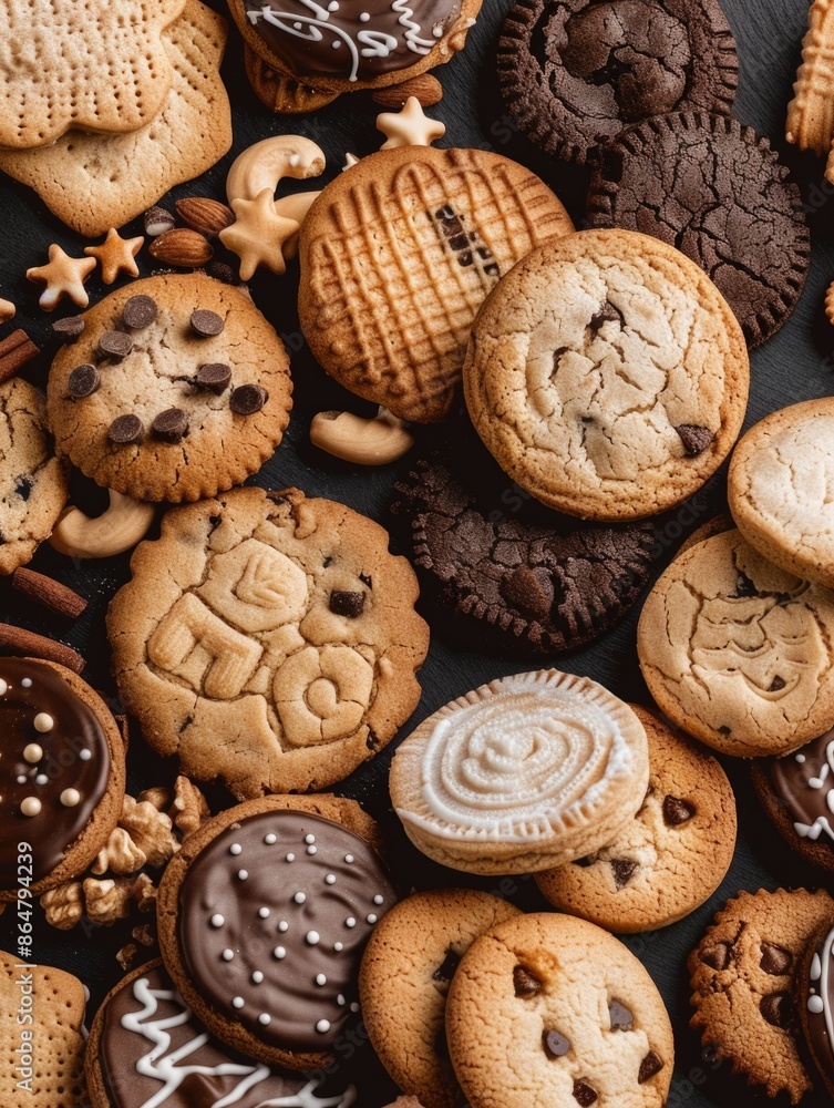 Aufkleber a variety of cookies are spread out on a black surface. the cookies are of different shapes and size
