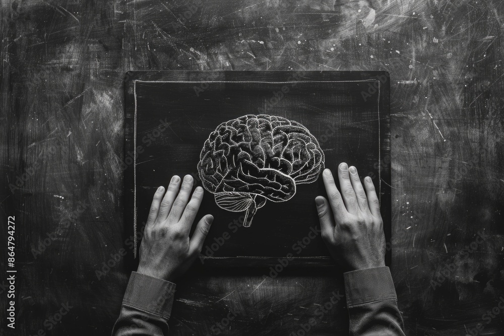 Poster a person is holding a chalkboard with a brain drawn on it. concept of the brain being a complex and 