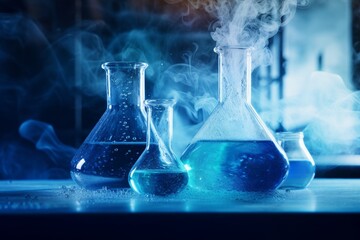Laboratory flasks and test tubes with blue liquid and steam. Chemical background. Scientific Experimentation 
